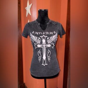 2000’s Affliction Black Graphic Tee with White Cross Design